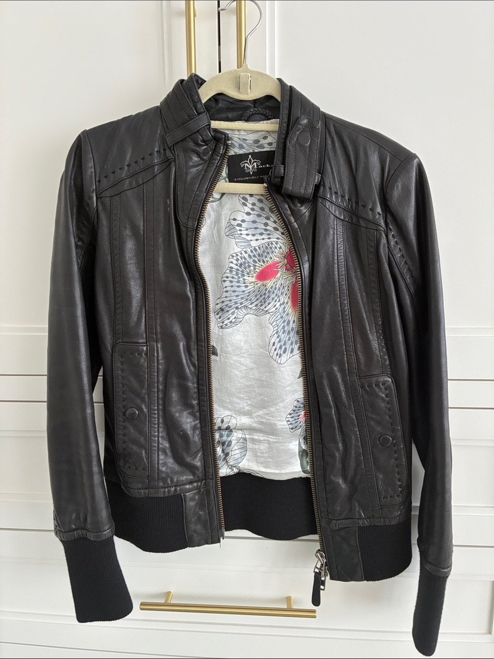Mackage Black Leather Bomber Jacket with Ribbed Cuffs